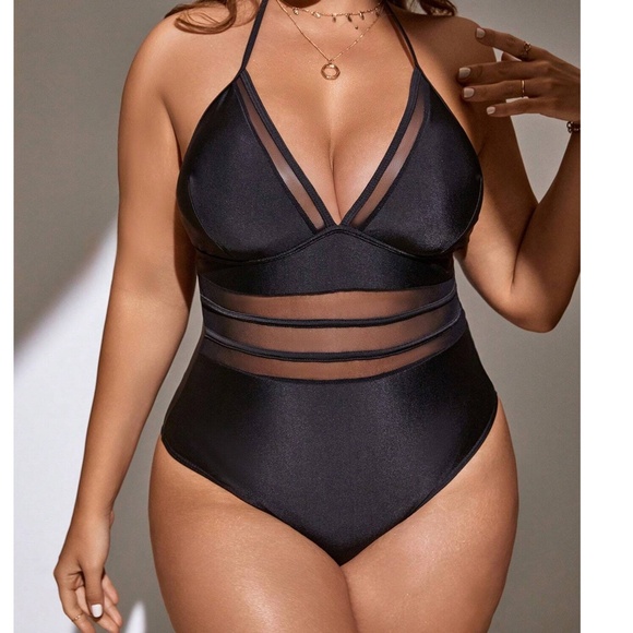 Plus Black Mesh Cut out Back Tie Monokini One Piece Swimsuit - Picture 1 of 7